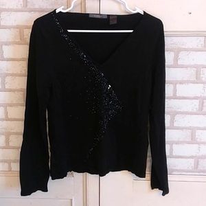 Liz Claiborne women's size large V-neck black long sleeved blouse (J1)